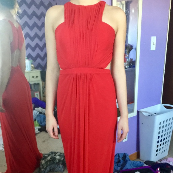 Red Jersey Open Back Prom Dress - Picture 2 of 5